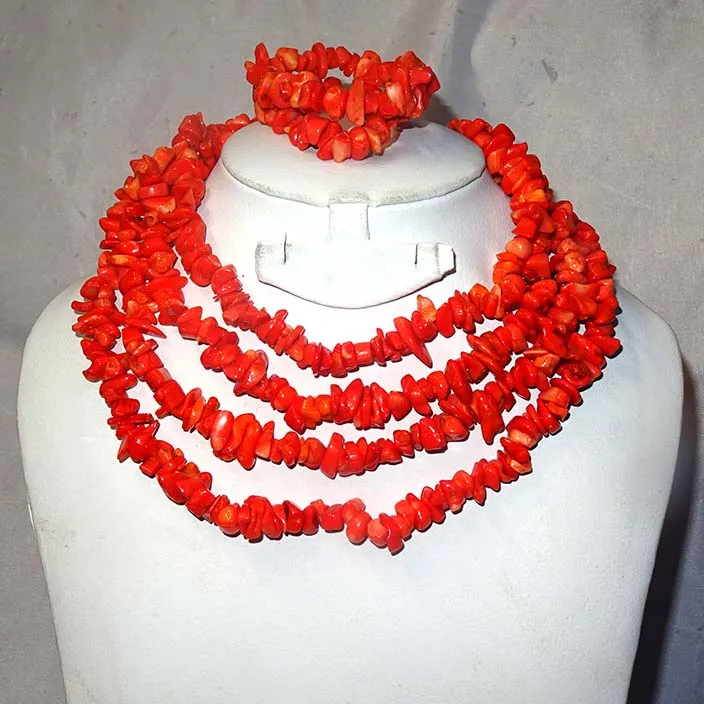 Traditional Coral African Beads Necklace Jewellery Set