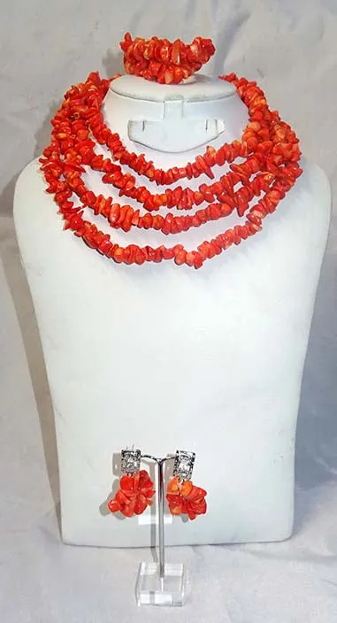 Traditional Coral African Beads Necklace Jewellery Set