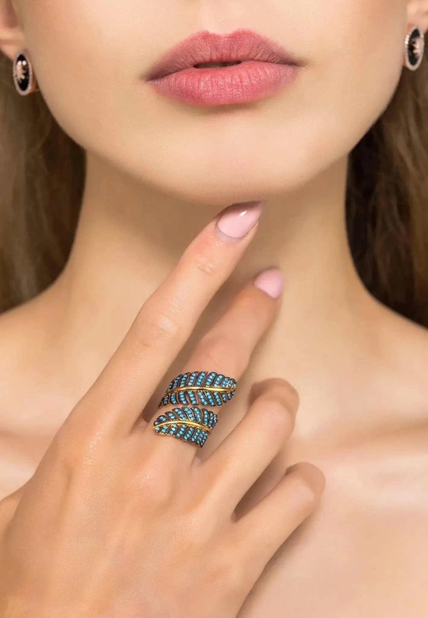 Tropical Leaf Cocktail Ring Turquoise-blue CZ Gold Plated