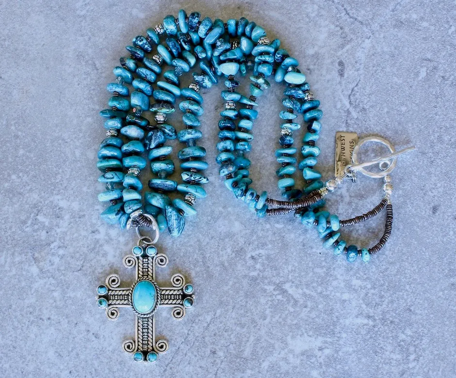 Turquoise and Sterling Silver Cross Pendant with 2 Strands of Nevada Turquoise Nuggets, Olive Shell Heishi, Czech Glass and Sterling Silver