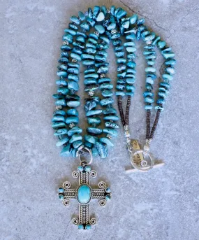 Turquoise and Sterling Silver Cross Pendant with 2 Strands of Nevada Turquoise Nuggets, Olive Shell Heishi, Czech Glass and Sterling Silver