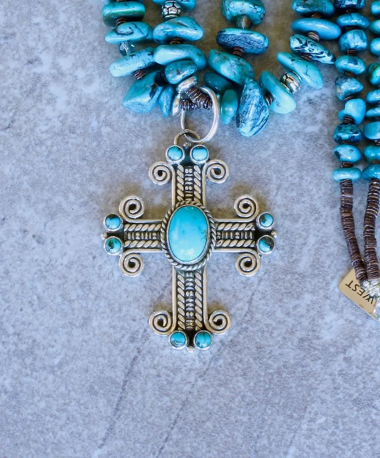 Turquoise and Sterling Silver Cross Pendant with 2 Strands of Nevada Turquoise Nuggets, Olive Shell Heishi, Czech Glass and Sterling Silver