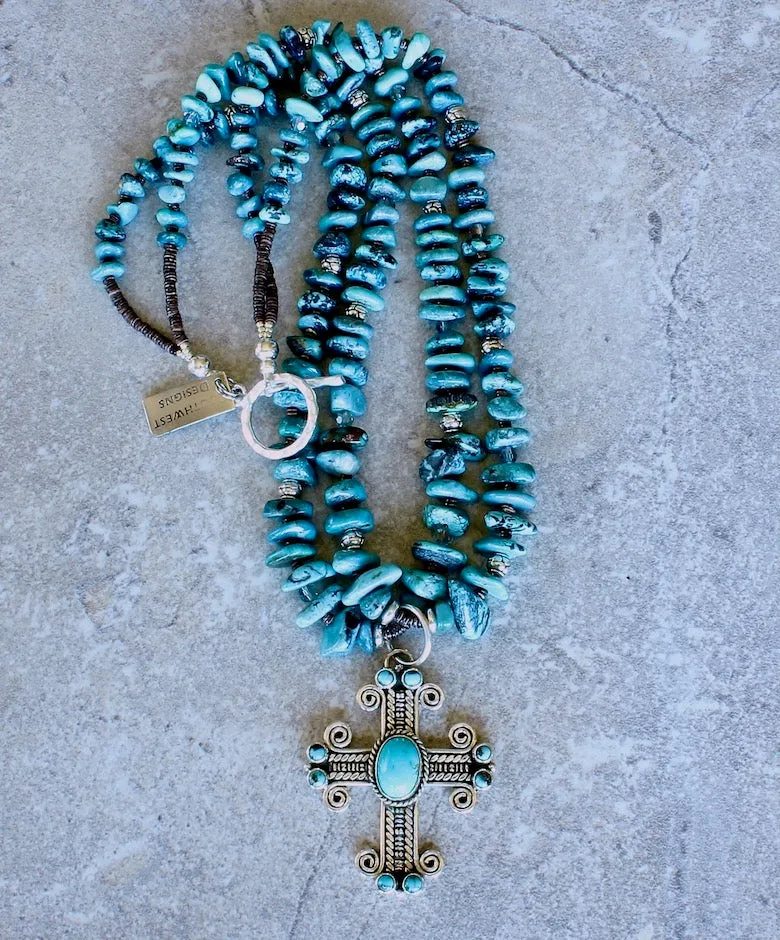 Turquoise and Sterling Silver Cross Pendant with 2 Strands of Nevada Turquoise Nuggets, Olive Shell Heishi, Czech Glass and Sterling Silver