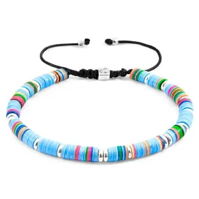 TURQUOISE BLUE KIVU SILVER AND VINYL DISC MACRAME BRACELET