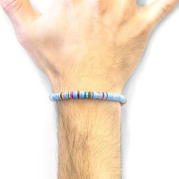 TURQUOISE BLUE KIVU SILVER AND VINYL DISC MACRAME BRACELET