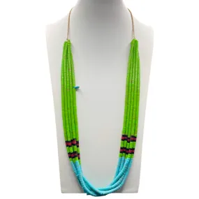 Turquoise, Gaspeite, Black Onyx, and Coral Heishi Five Strand Necklace
