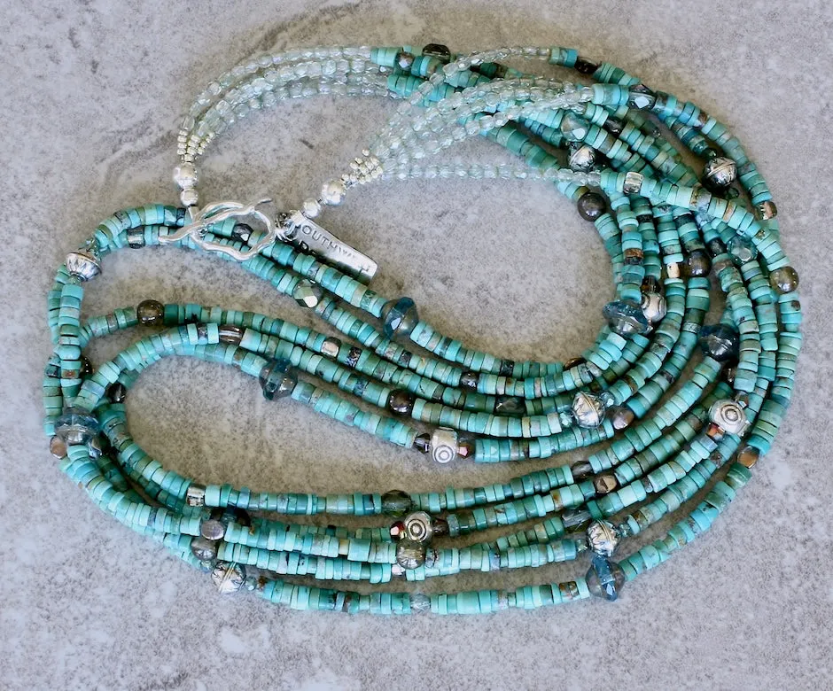 Turquoise Heishi 5-Strand Necklace with Blended Czech Glass and Sterling Silver Beads & Toggle Clasp