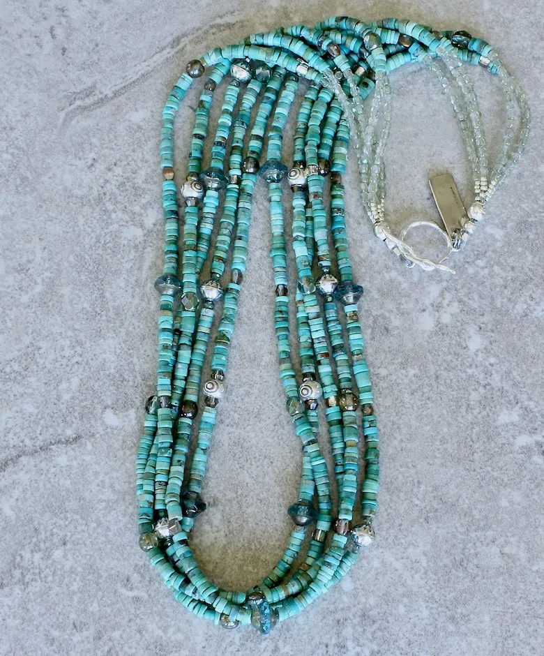 Turquoise Heishi 5-Strand Necklace with Blended Czech Glass and Sterling Silver Beads & Toggle Clasp