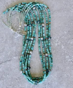 Turquoise Heishi 5-Strand Necklace with Blended Czech Glass and Sterling Silver Beads & Toggle Clasp