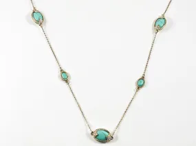Unique Oval Shape Turquoise Stone Post Gold Tone Long Brass Necklace