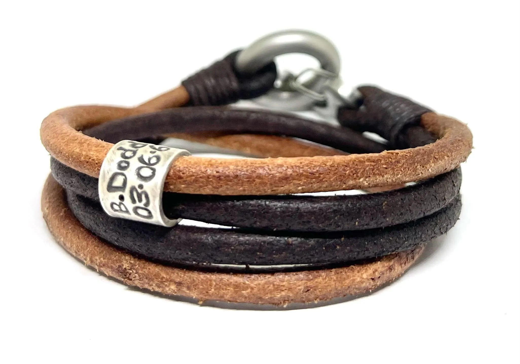 Urn Bracelet, Modern Pet Urn, Ashes Jewellery, Brown Double Wrap Leather Bracelet, Personalised Leather Engraved Memorial Bracelet