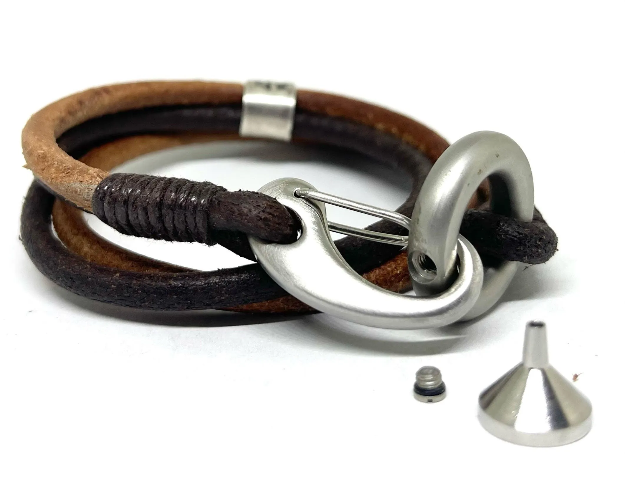 Urn Bracelet, Modern Pet Urn, Ashes Jewellery, Brown Double Wrap Leather Bracelet, Personalised Leather Engraved Memorial Bracelet