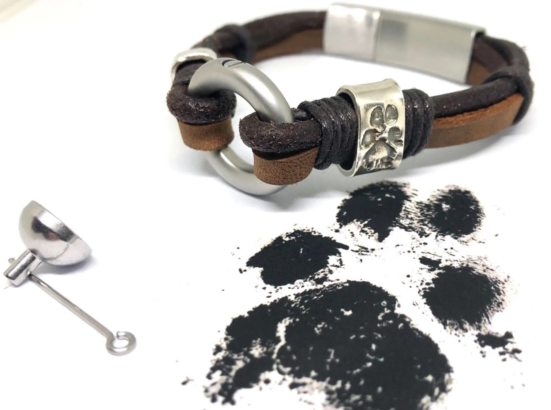 Urn Bracelet, Modern Pet Urn, Ashes Jewellery, Brown Double Wrap Leather Bracelet, Personalised Leather Engraved Memorial Bracelet