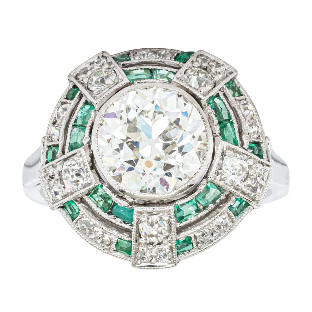 Vintage 14ct White Gold 1.94ct Diamond & Emerald Ring