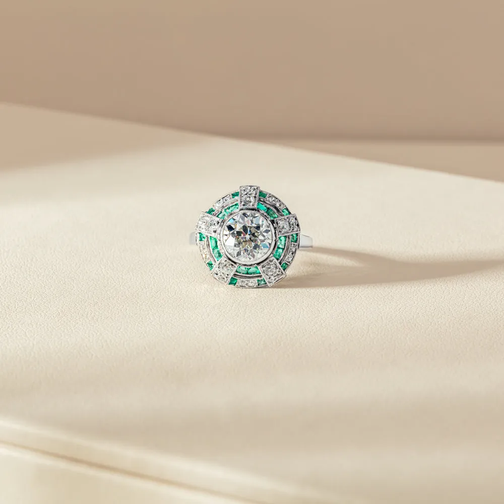 Vintage 14ct White Gold 1.94ct Diamond & Emerald Ring