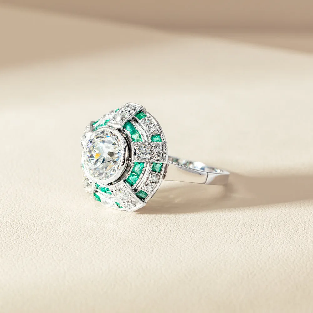 Vintage 14ct White Gold 1.94ct Diamond & Emerald Ring