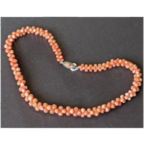 Vintage / antique real Japanese momo coral bone shaped bead necklace, sterling silver coral set clasp 30g