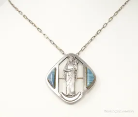 Vintage Blue Lace Agate Virgin Mary Baby Jesus Sterling Silver Necklace Pin