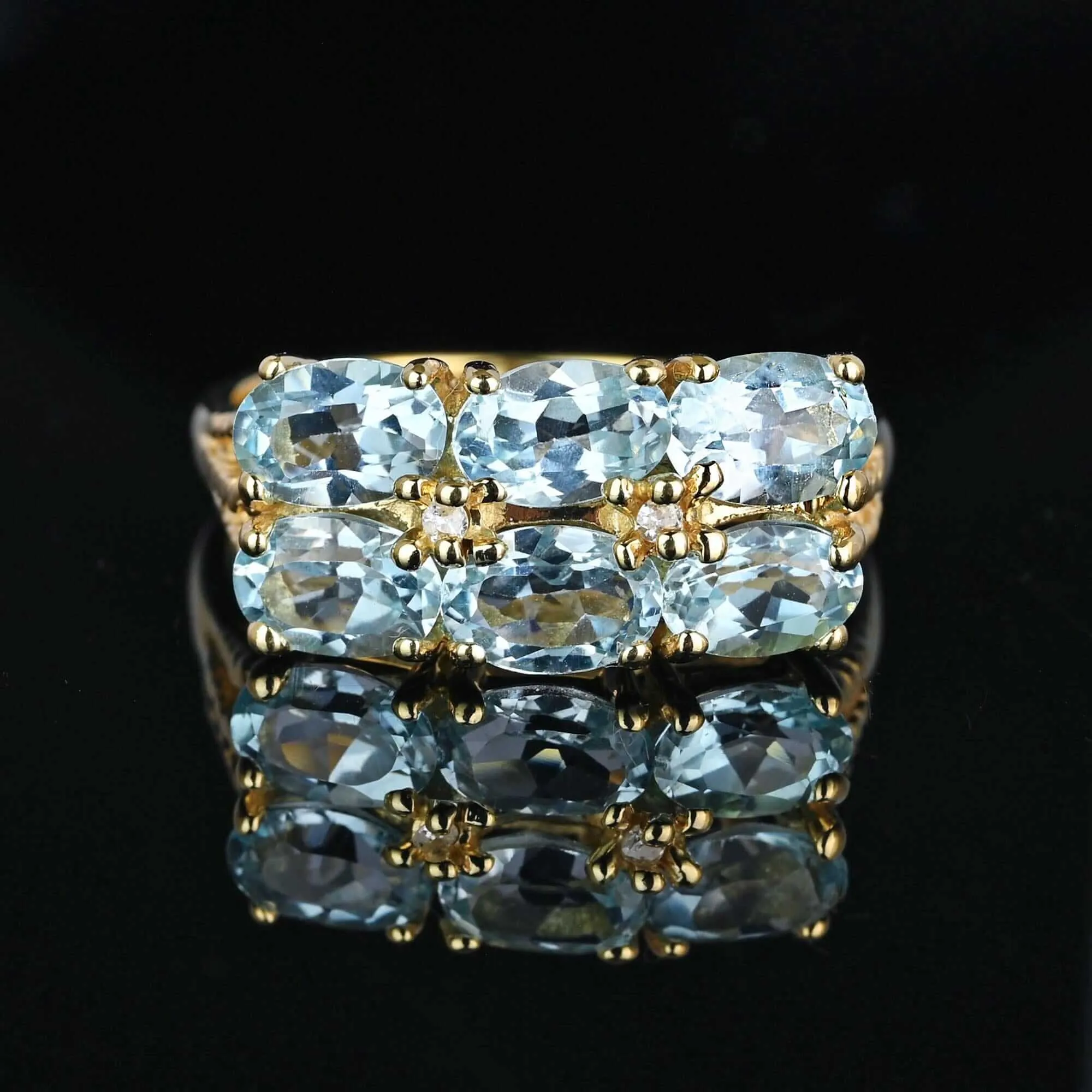 Vintage Double Row Icy Blue Topaz Ring w Diamonds