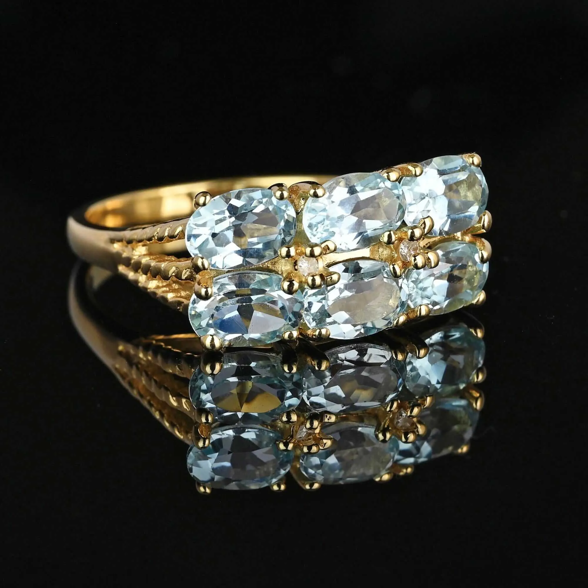 Vintage Double Row Icy Blue Topaz Ring w Diamonds
