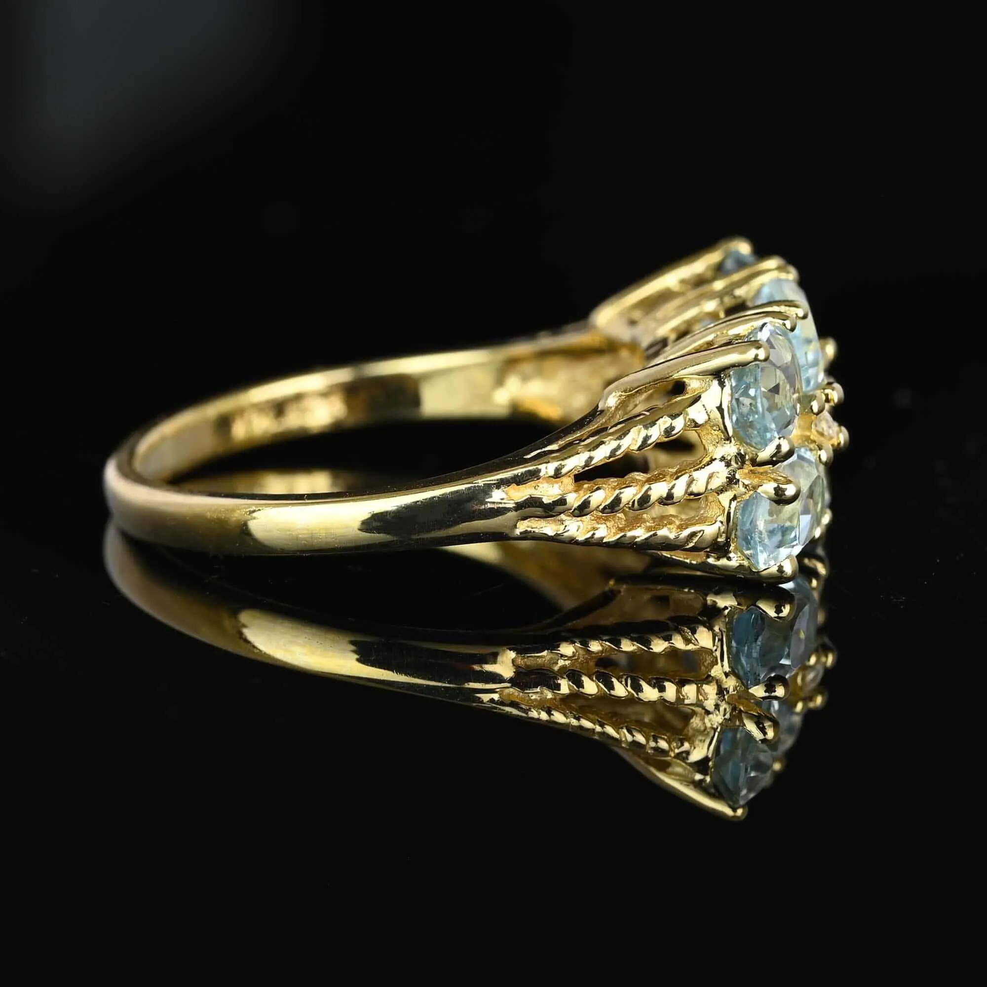 Vintage Double Row Icy Blue Topaz Ring w Diamonds