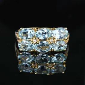 Vintage Double Row Icy Blue Topaz Ring w Diamonds