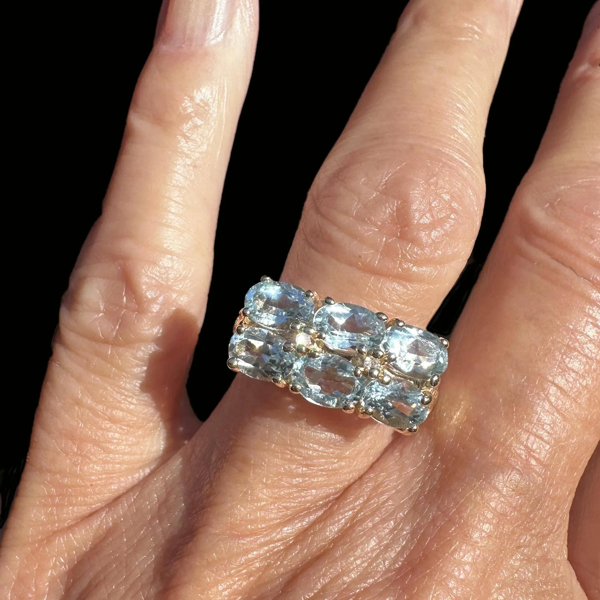 Vintage Double Row Icy Blue Topaz Ring w Diamonds