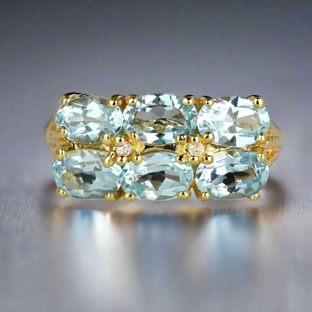 Vintage Double Row Icy Blue Topaz Ring w Diamonds