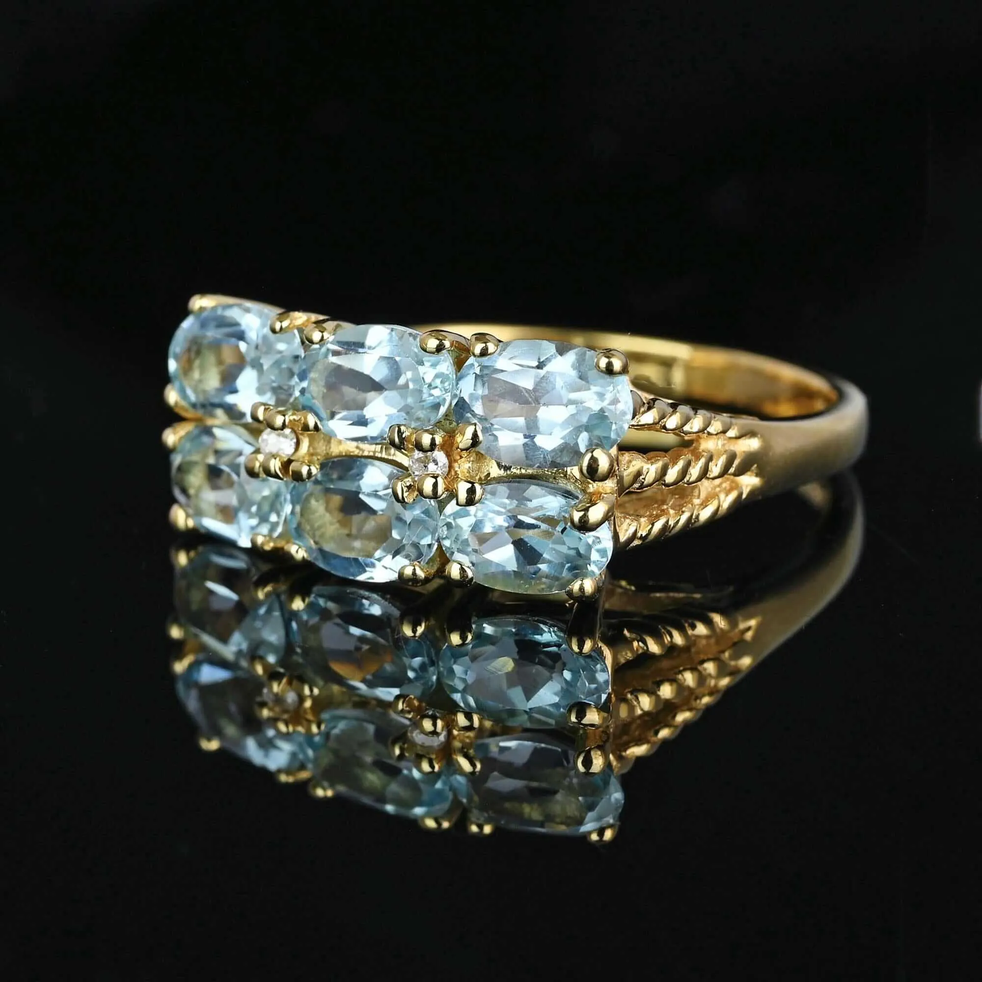 Vintage Double Row Icy Blue Topaz Ring w Diamonds