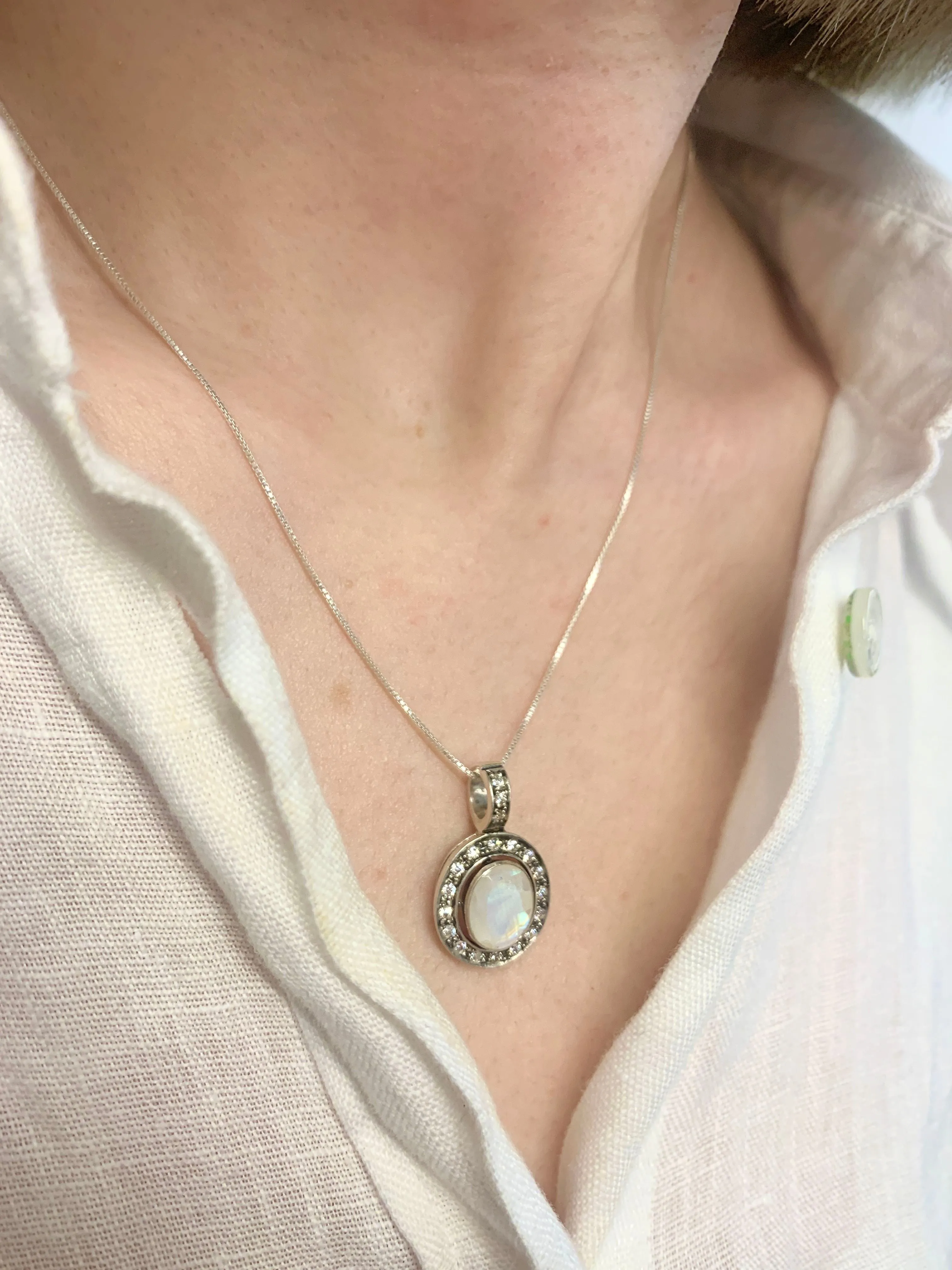 Vintage Moonstone Pendant - Natural Rainbow Moonstone Necklace - White Oval Pendant
