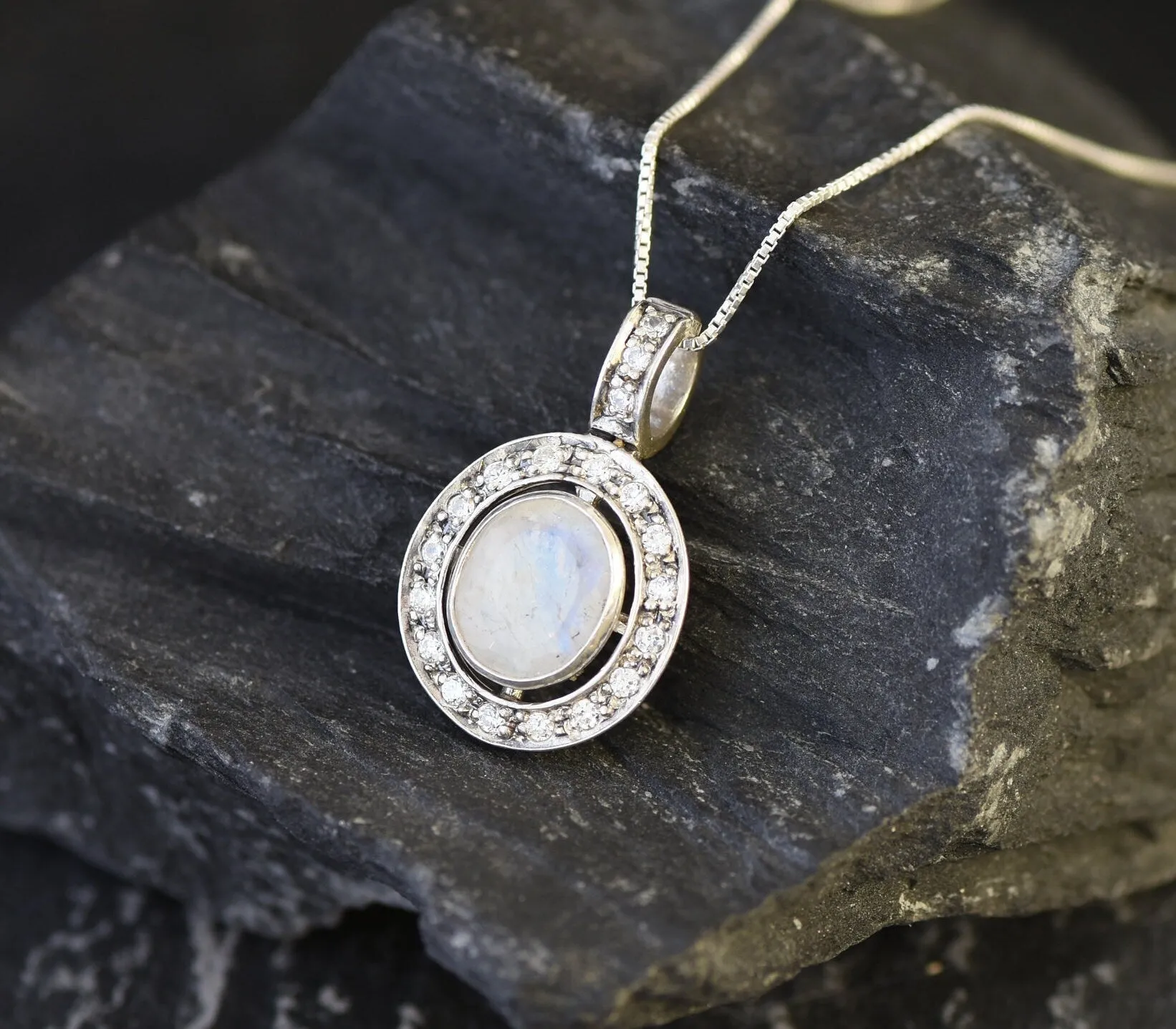 Vintage Moonstone Pendant - Natural Rainbow Moonstone Necklace - White Oval Pendant