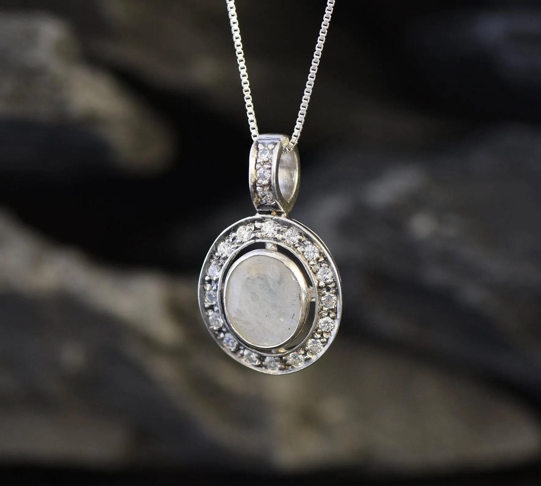 Vintage Moonstone Pendant - Natural Rainbow Moonstone Necklace - White Oval Pendant