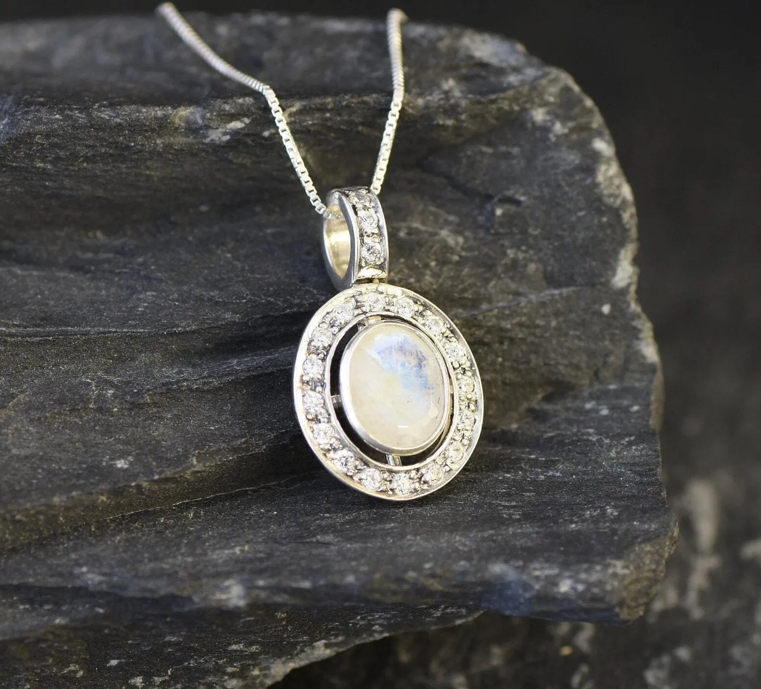 Vintage Moonstone Pendant - Natural Rainbow Moonstone Necklace - White Oval Pendant