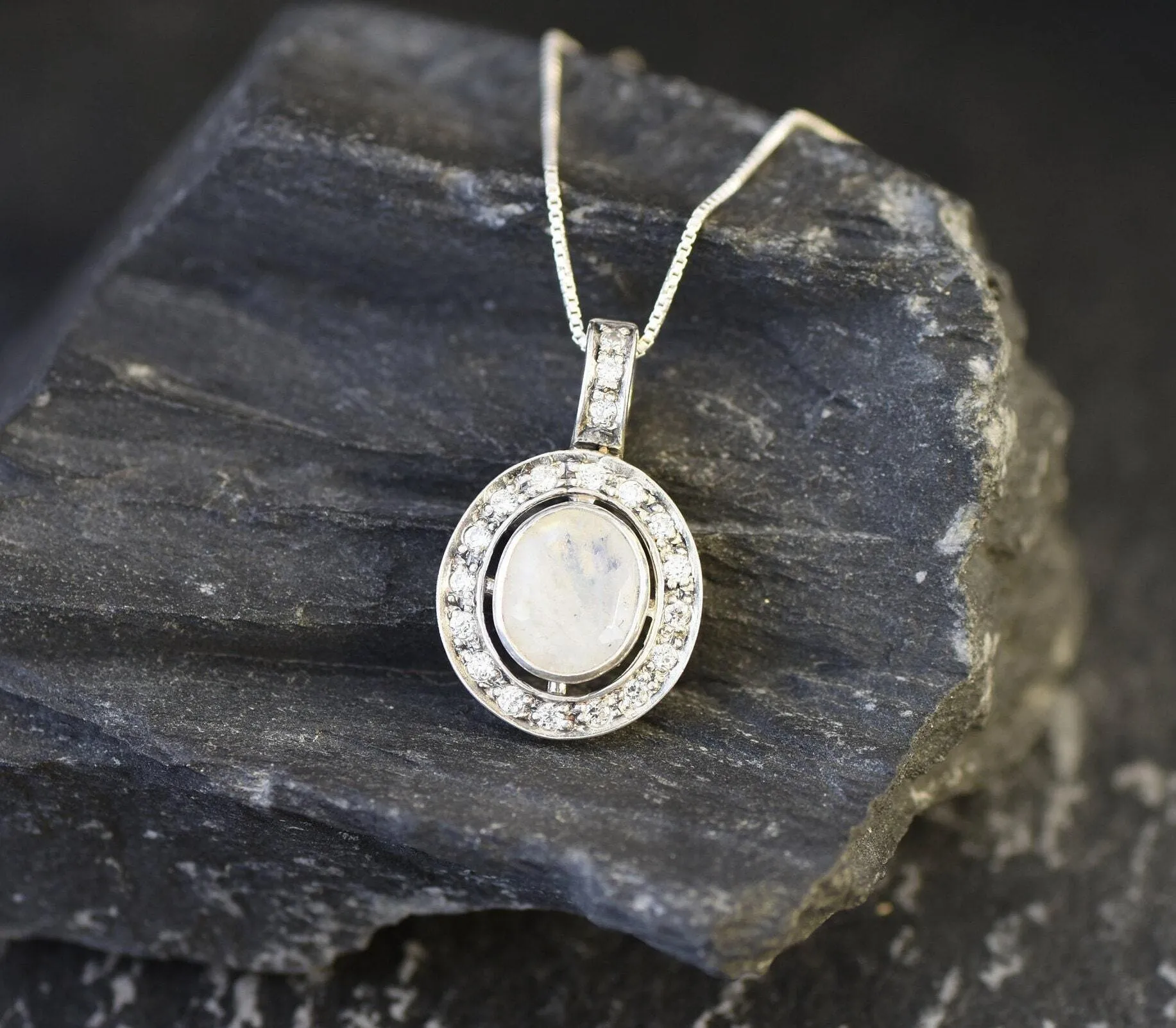 Vintage Moonstone Pendant - Natural Rainbow Moonstone Necklace - White Oval Pendant