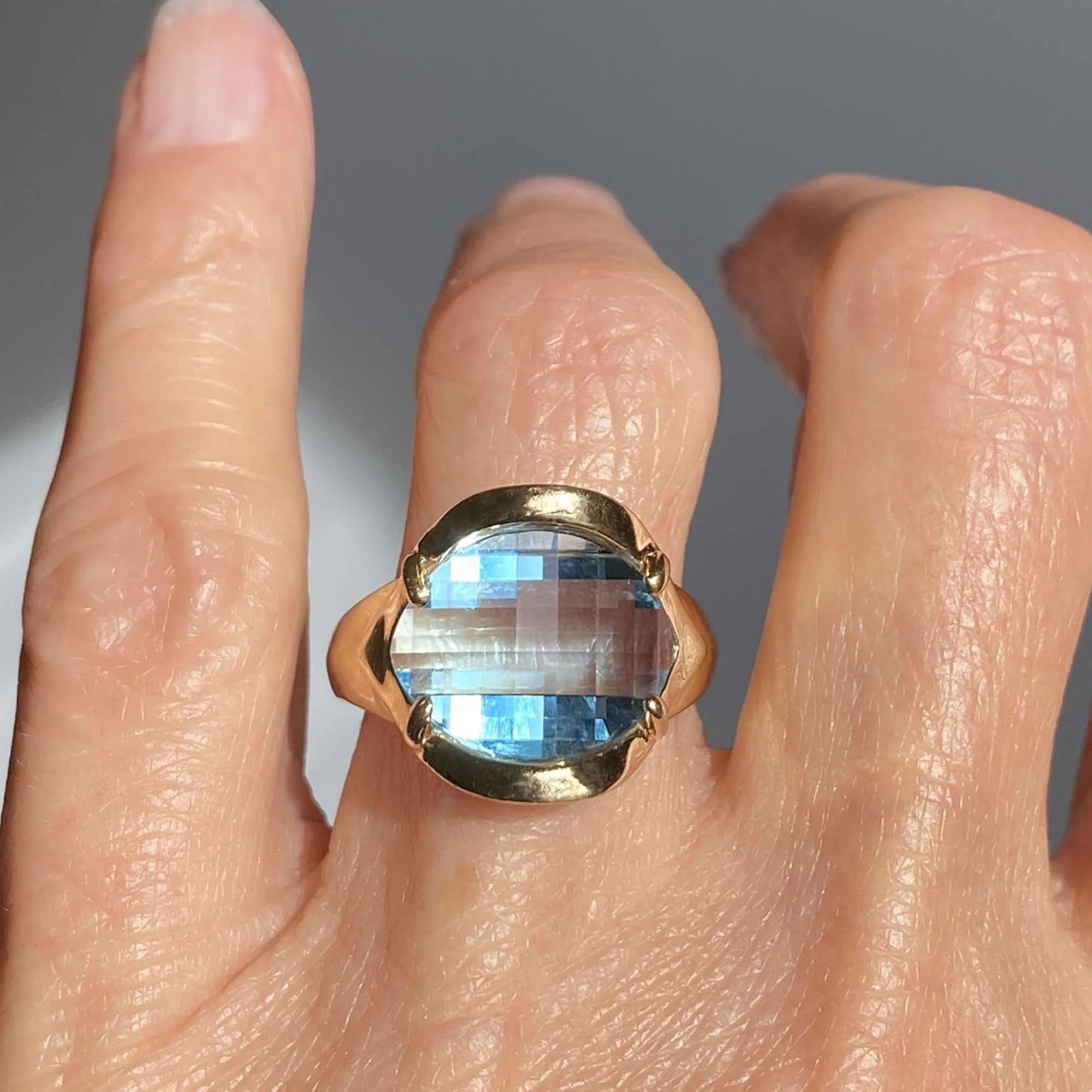 Vintage Specialty Cut Checkerboard Blue Topaz Ring in 14K Gold