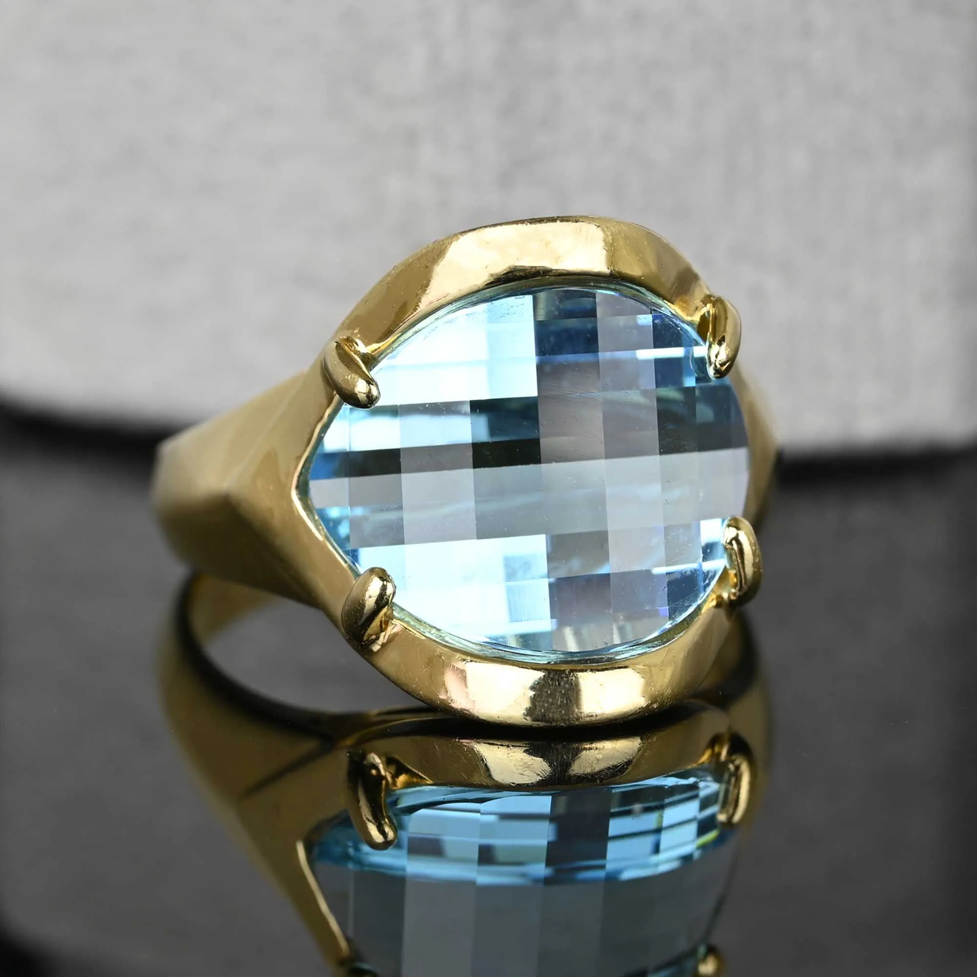 Vintage Specialty Cut Checkerboard Blue Topaz Ring in 14K Gold