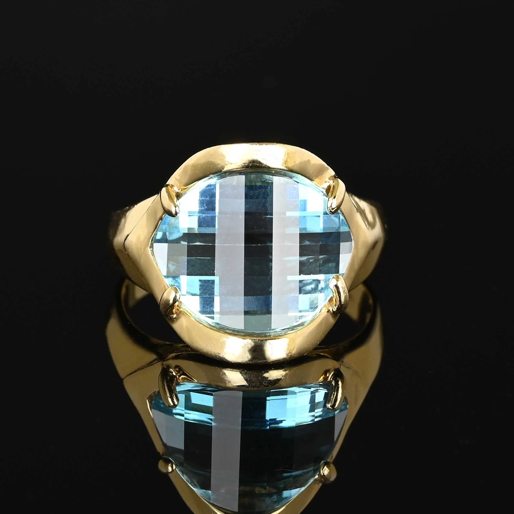 Vintage Specialty Cut Checkerboard Blue Topaz Ring in 14K Gold