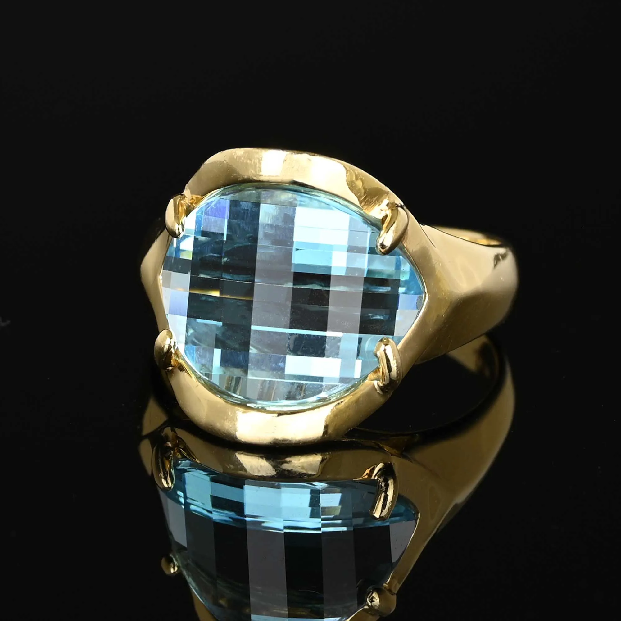 Vintage Specialty Cut Checkerboard Blue Topaz Ring in 14K Gold