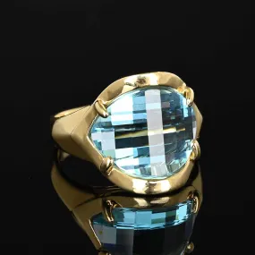 Vintage Specialty Cut Checkerboard Blue Topaz Ring in 14K Gold