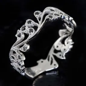 VINTAGE STYLE BLACK DIAMOND 14K WHITE GOLD BAND STACKING COCKTAIL RING FILIGREE