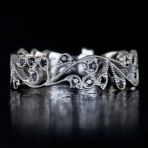 VINTAGE STYLE BLACK DIAMOND 14K WHITE GOLD BAND STACKING COCKTAIL RING FILIGREE