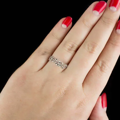 VINTAGE STYLE BLACK DIAMOND 14K WHITE GOLD BAND STACKING COCKTAIL RING FILIGREE