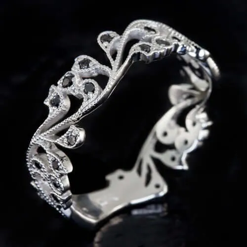 VINTAGE STYLE BLACK DIAMOND 14K WHITE GOLD BAND STACKING COCKTAIL RING FILIGREE