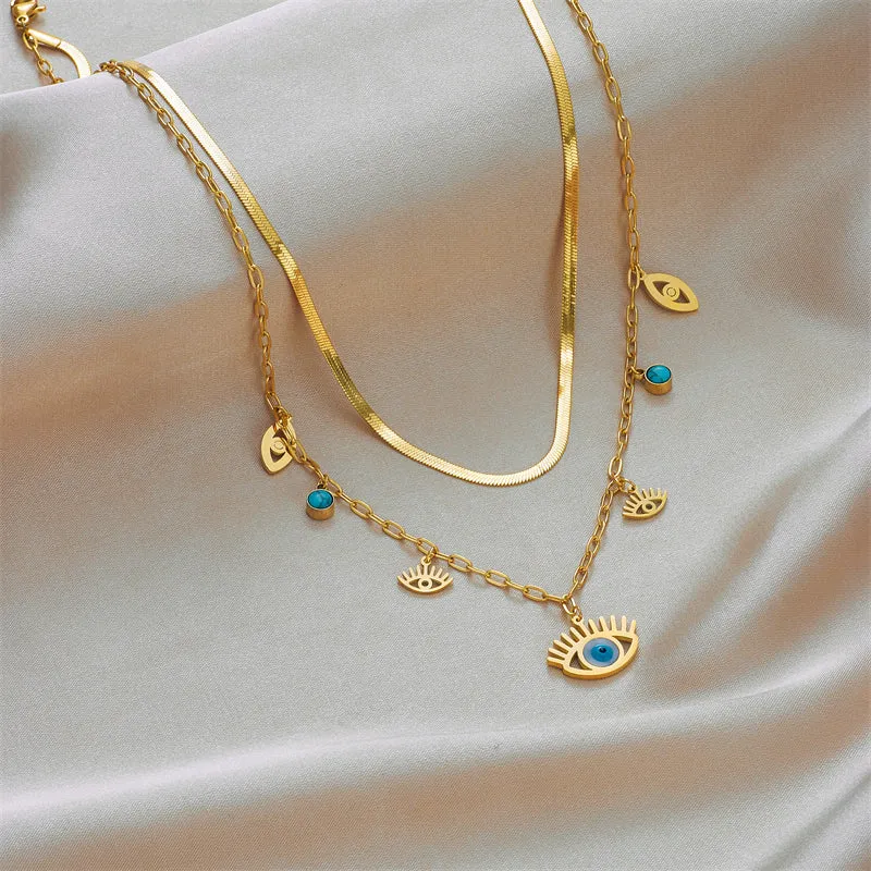 Vintage Style Eye Stainless Steel Layered Necklaces Turquoise