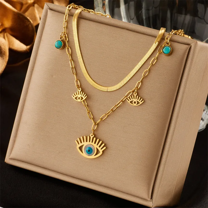 Vintage Style Eye Stainless Steel Layered Necklaces Turquoise