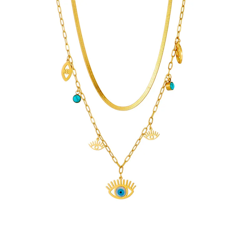 Vintage Style Eye Stainless Steel Layered Necklaces Turquoise