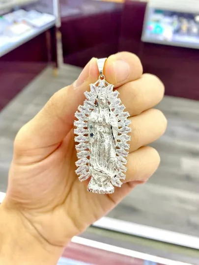 Virgen de Guadalupe Pendant CZ Sterling Silver Medalla de la Guadalupe Mens Womens Pendant