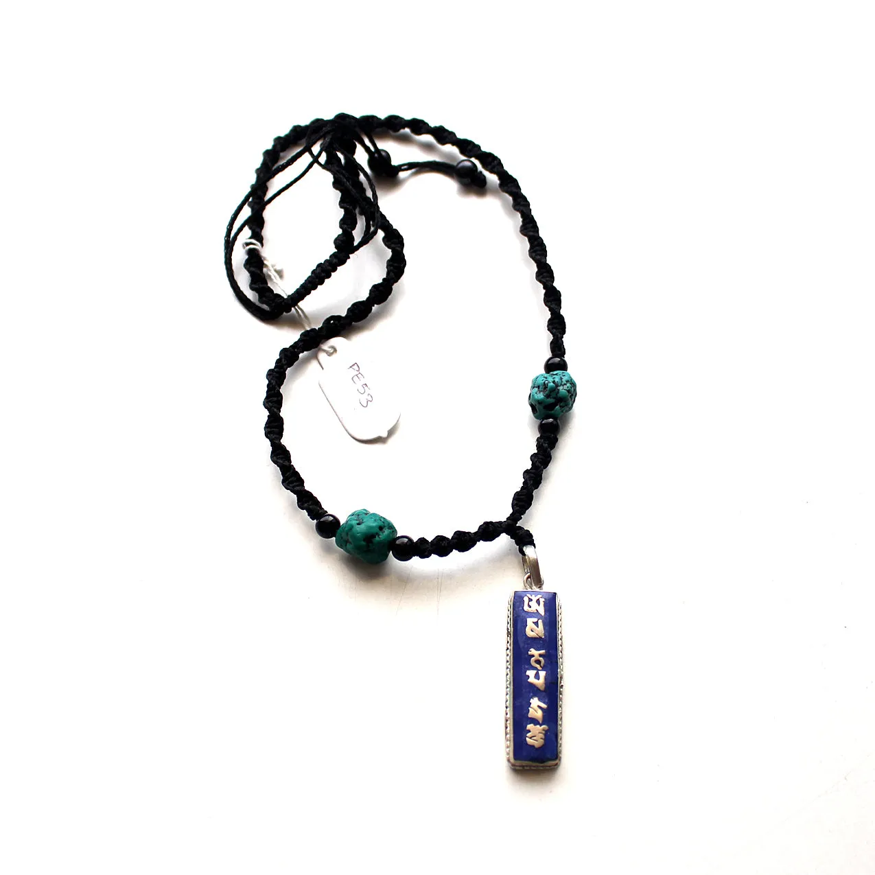 White Metal Lapis Inlaid Om Mani Pendant