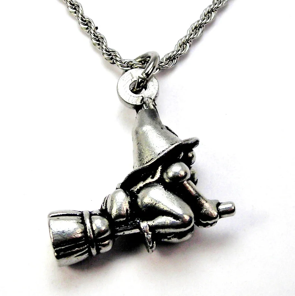 Witch Gnome Riding her Broom 3D Fly with me Charm Necklace