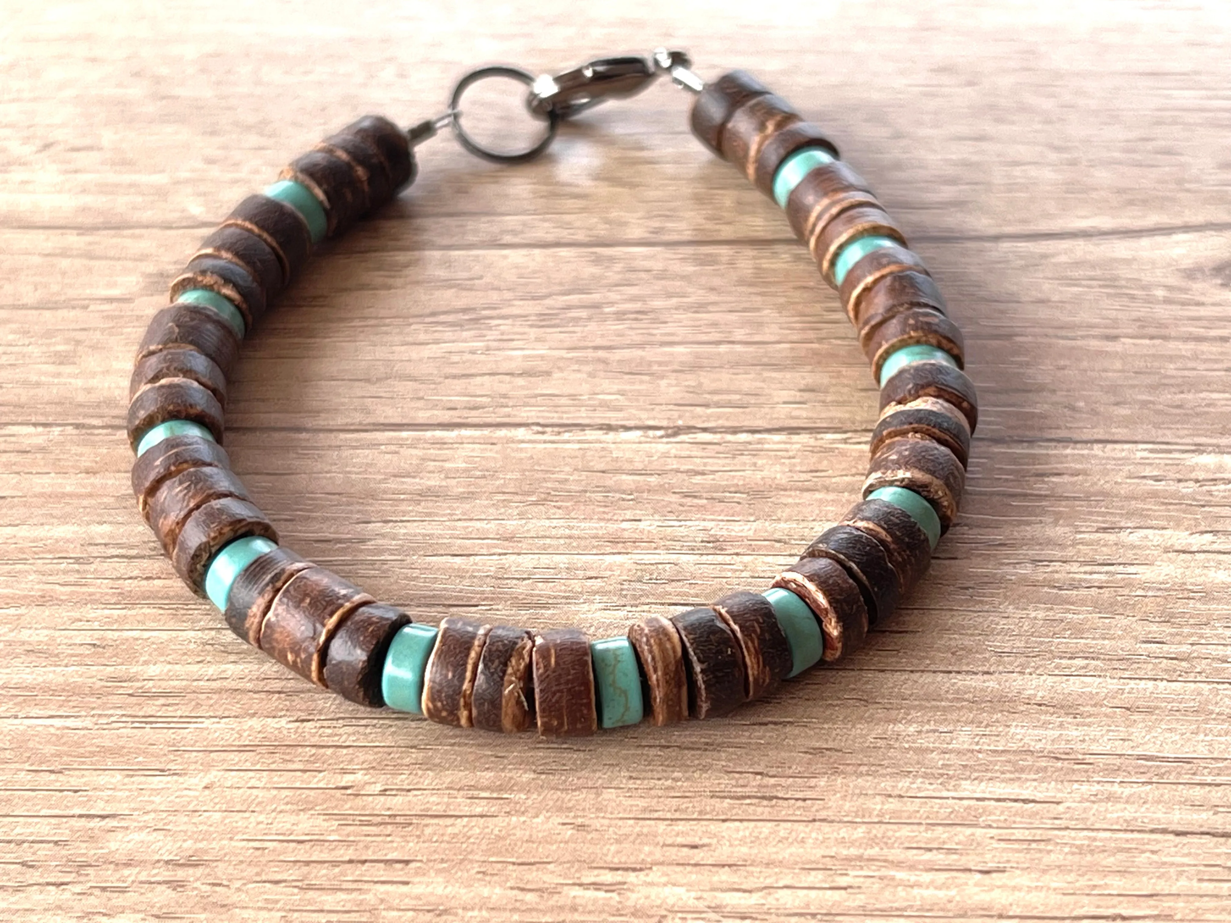 Wood Turquoise Blue Brown Mens Beaded Surfer Necklace - Dennis